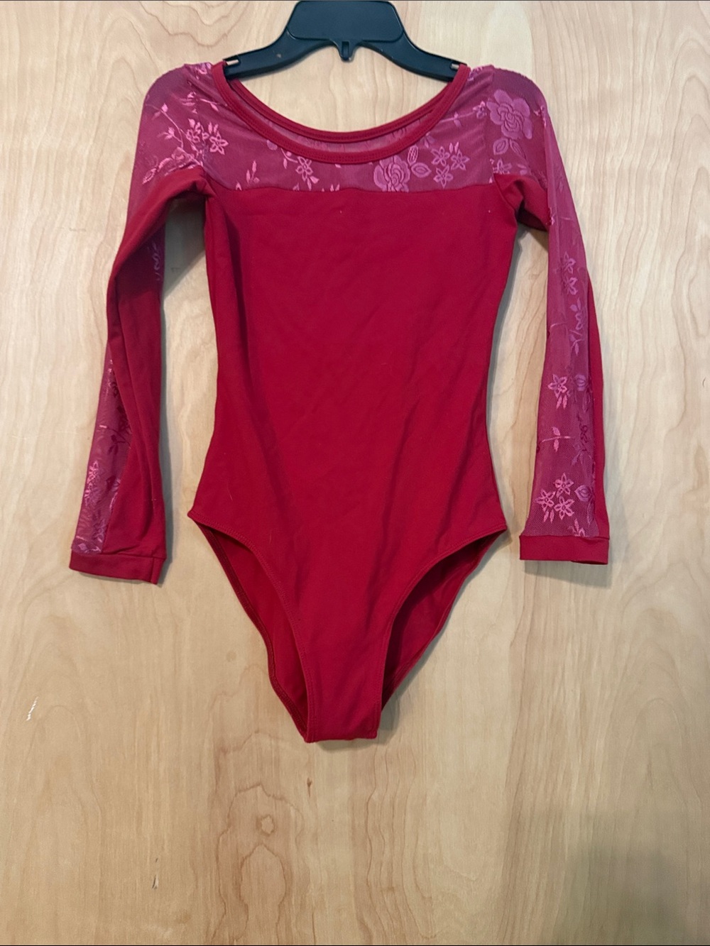 Womens Long Sleeve Red Dance Leotard with Floral Mesh